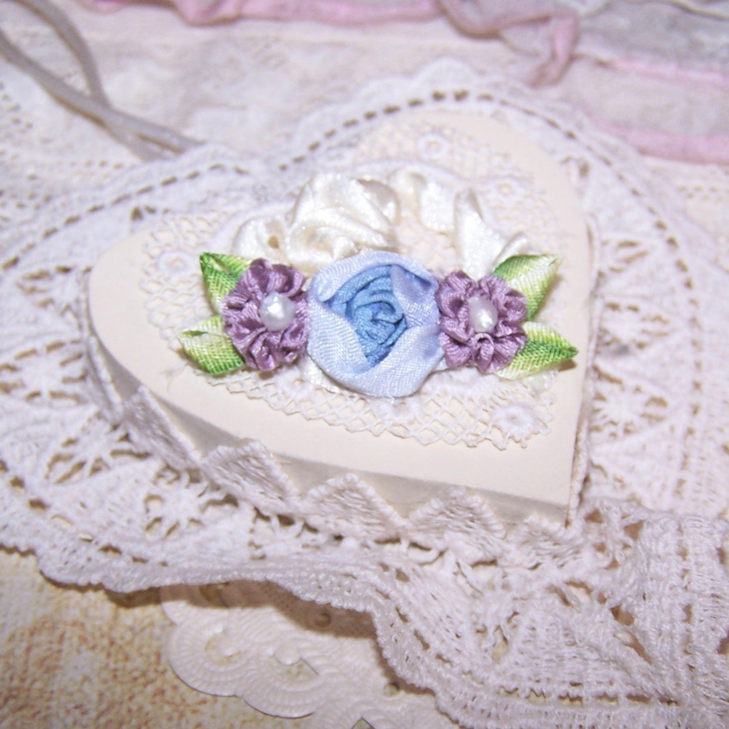 French Revival Ribbonwork Flower Spray - Blue and Mauve Silk with Pearls
