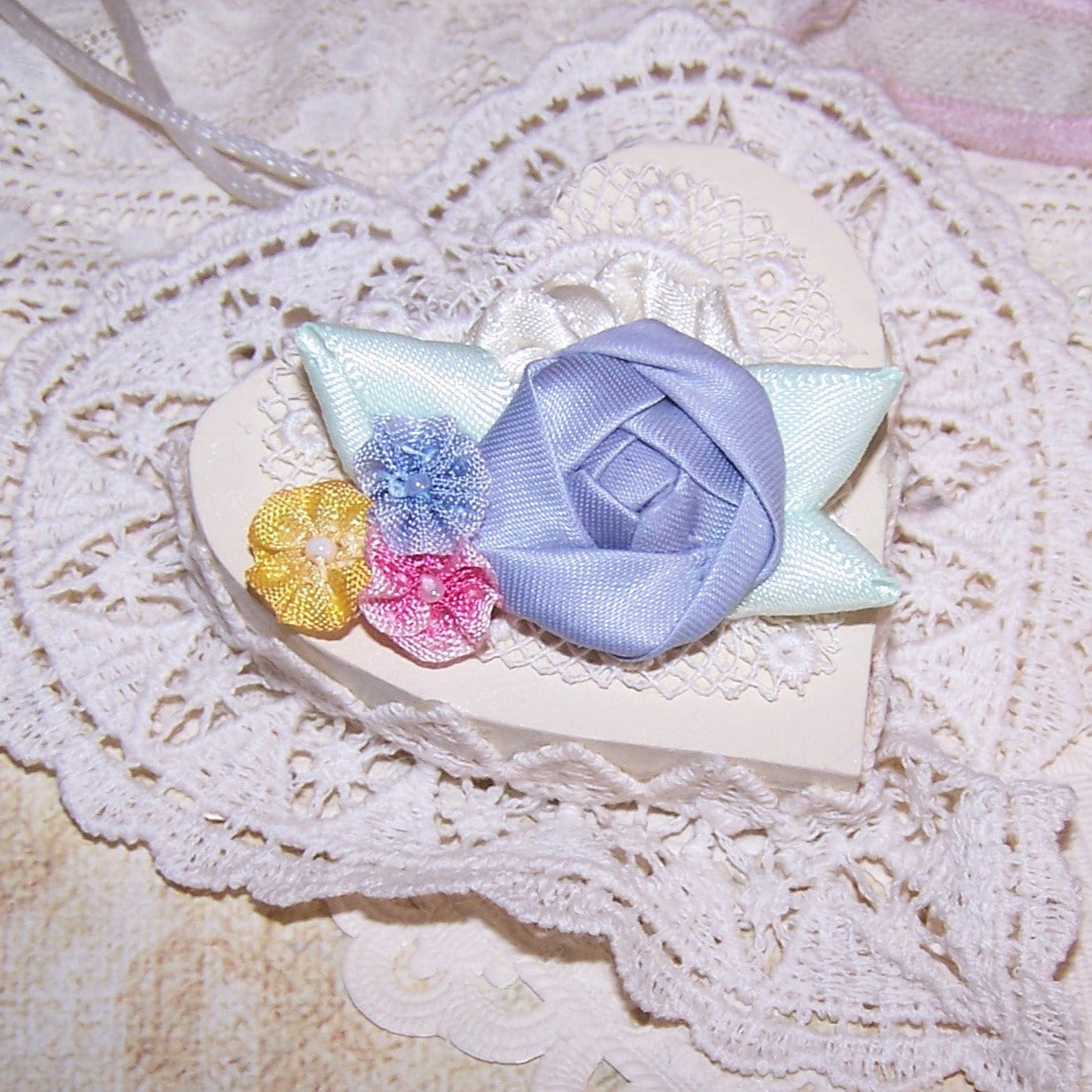 Revival French Ribbonwork Spray - Blue Cabbage Rose with Pink Yellow Blue Accents