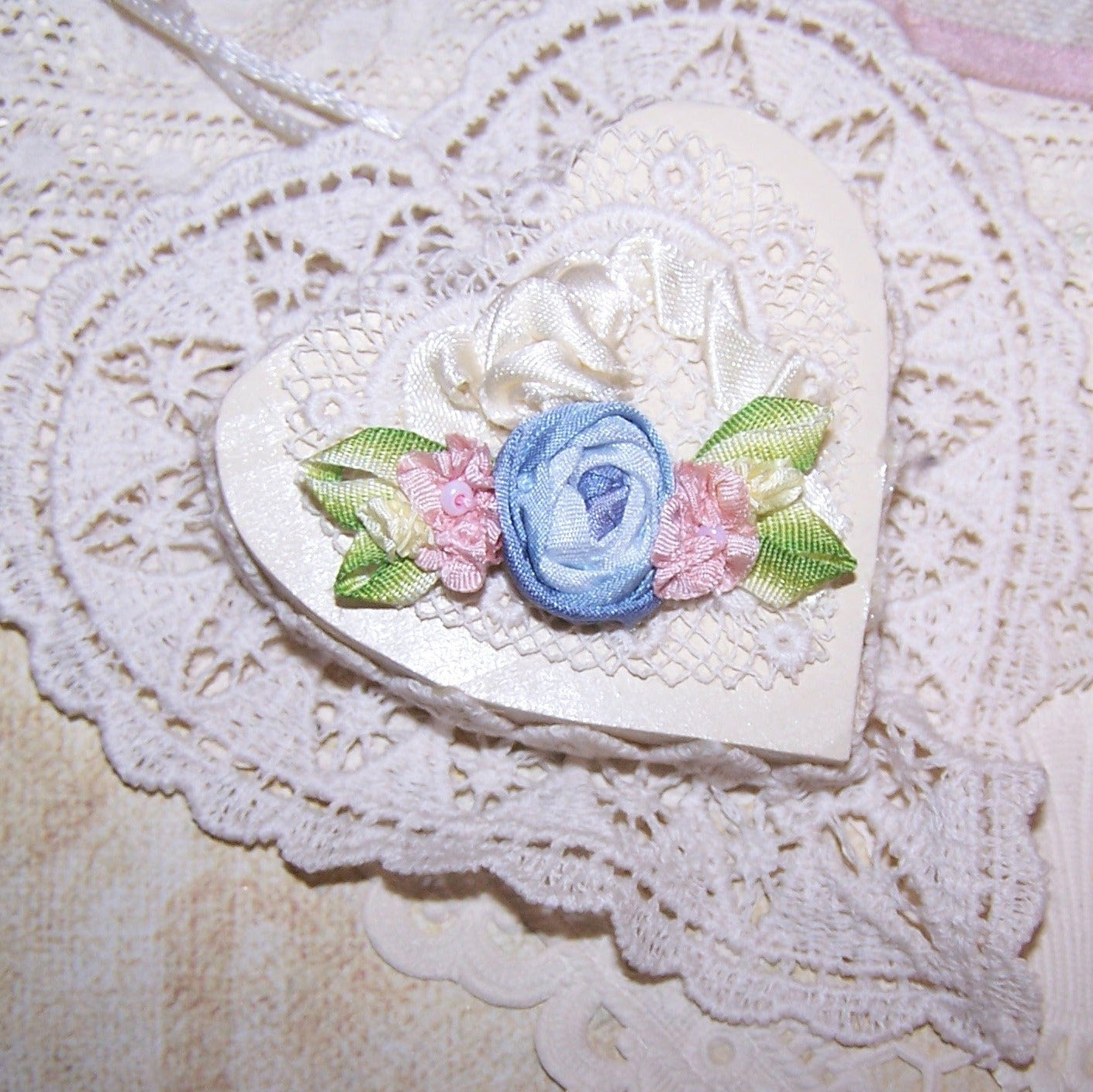 French Revival Ribbonwork Flower Spray - Blue and Pink Silk with Beads