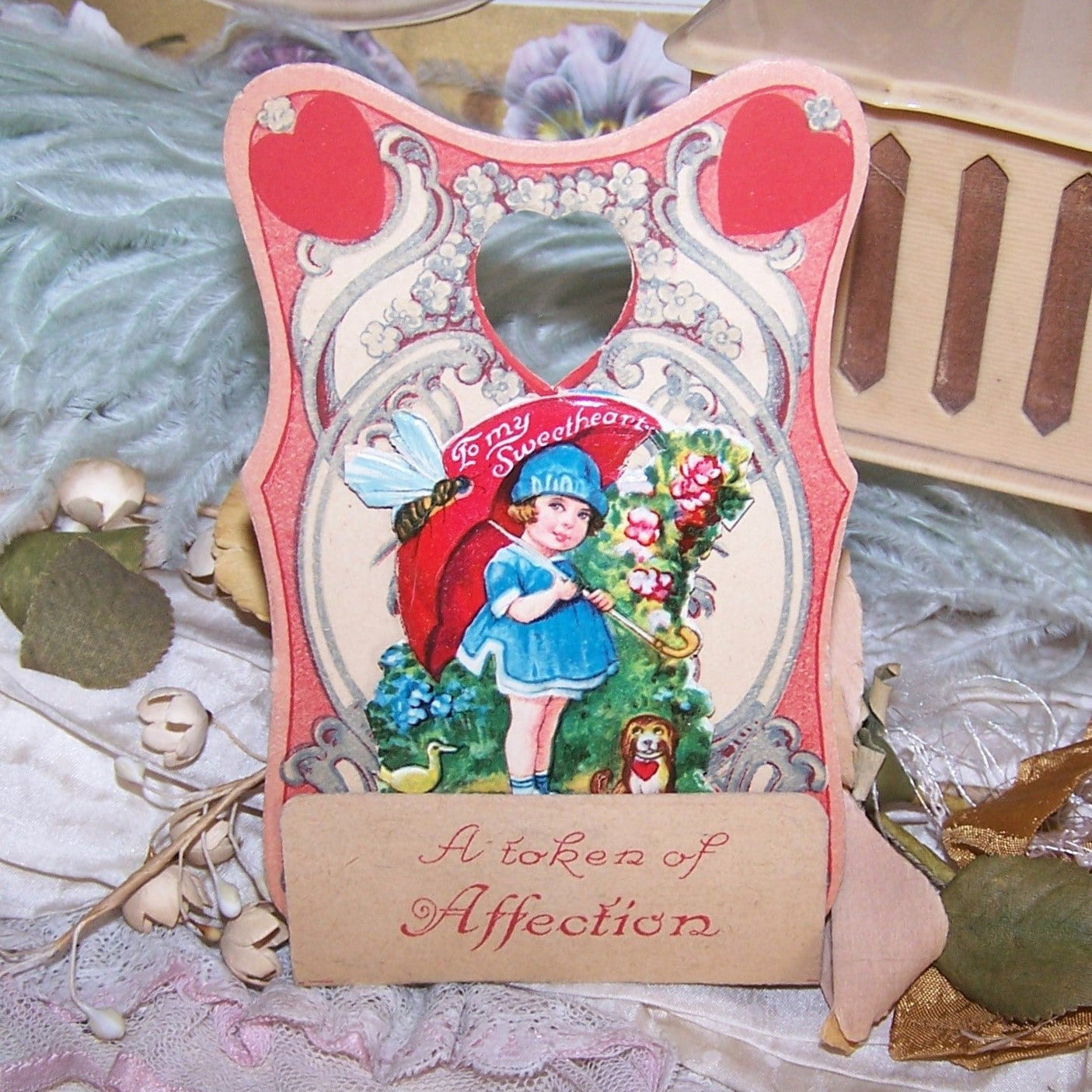 Antique Fold Down Valentines Day Card - Little Girl with Umbrella
