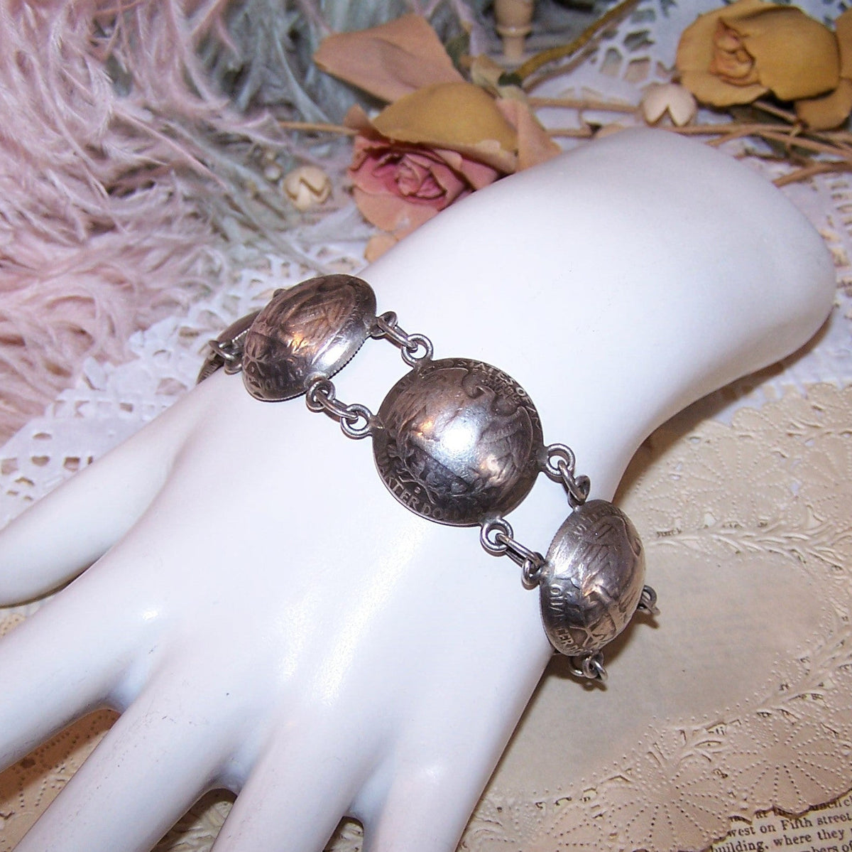 Dated 1964 American Coin Silver Concave Quarters Bracelet