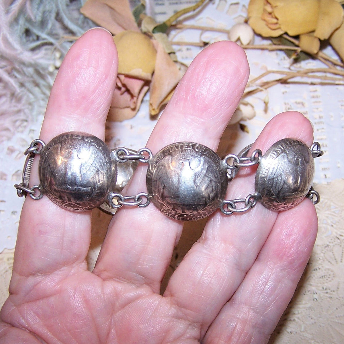 Dated 1964 American Coin Silver Concave Quarters Bracelet
