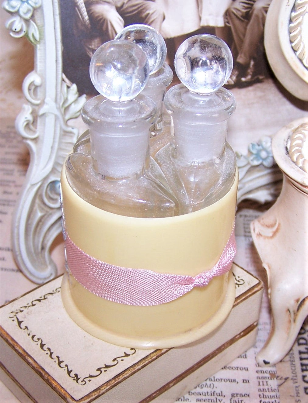 Repurposed Celluloid Perfume or Cologne Holder with Original Glass Bottles