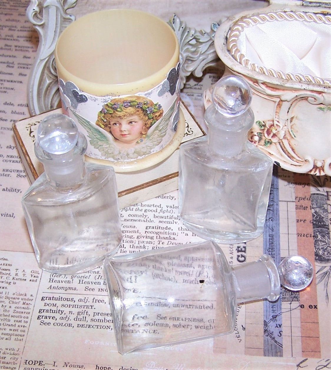 Repurposed Celluloid Perfume or Cologne Holder with Original Glass Bottles