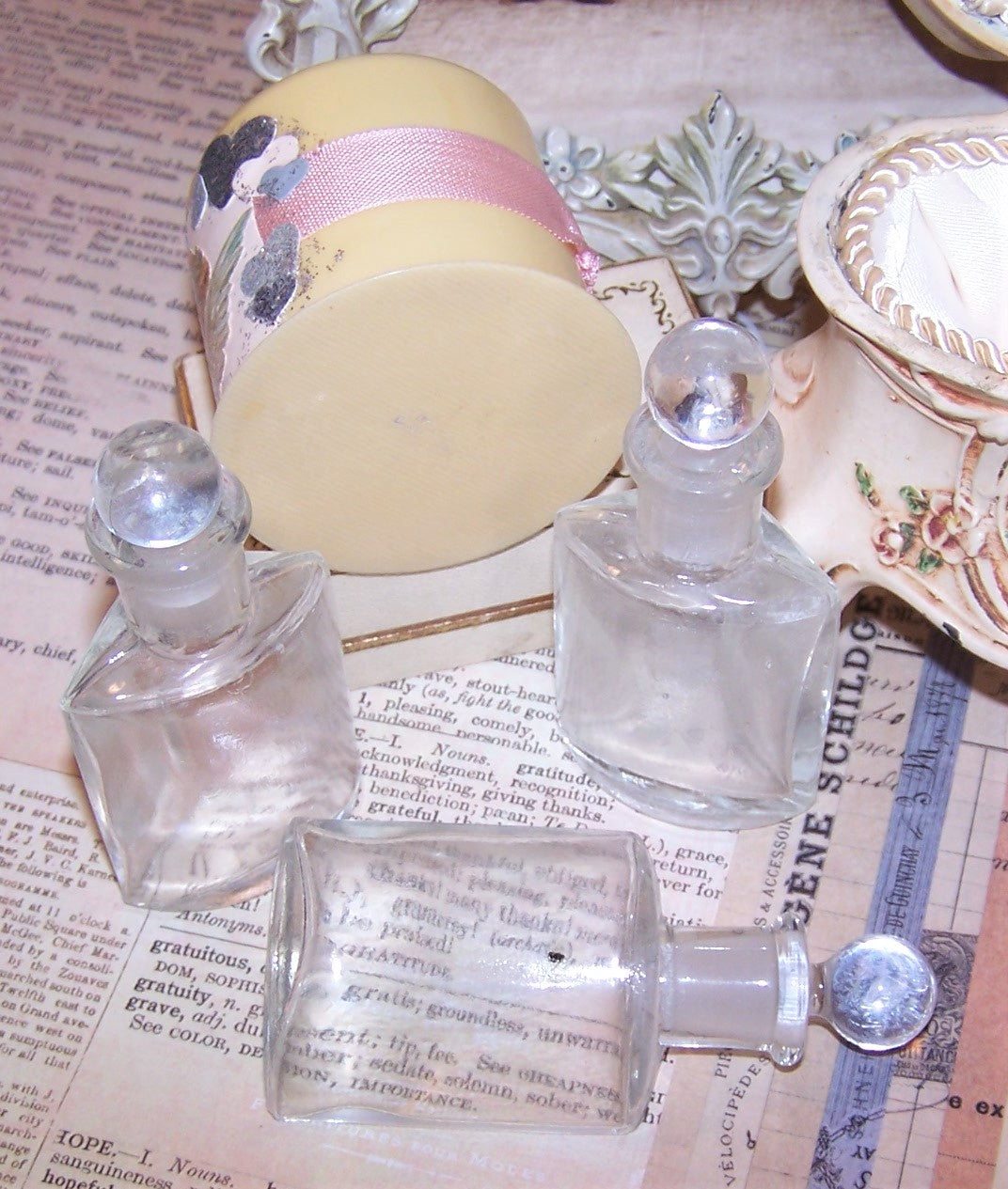 Repurposed Celluloid Perfume or Cologne Holder with Original Glass Bottles