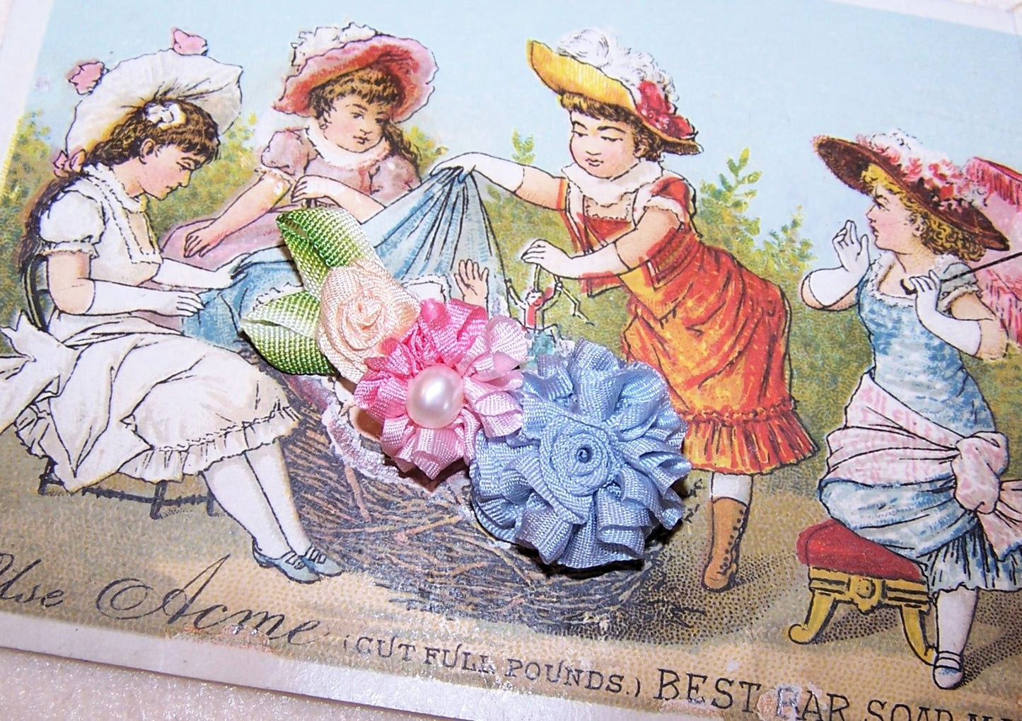 French Revival Silk Ribbonwork Applique - Pink/Blue Rose Spray