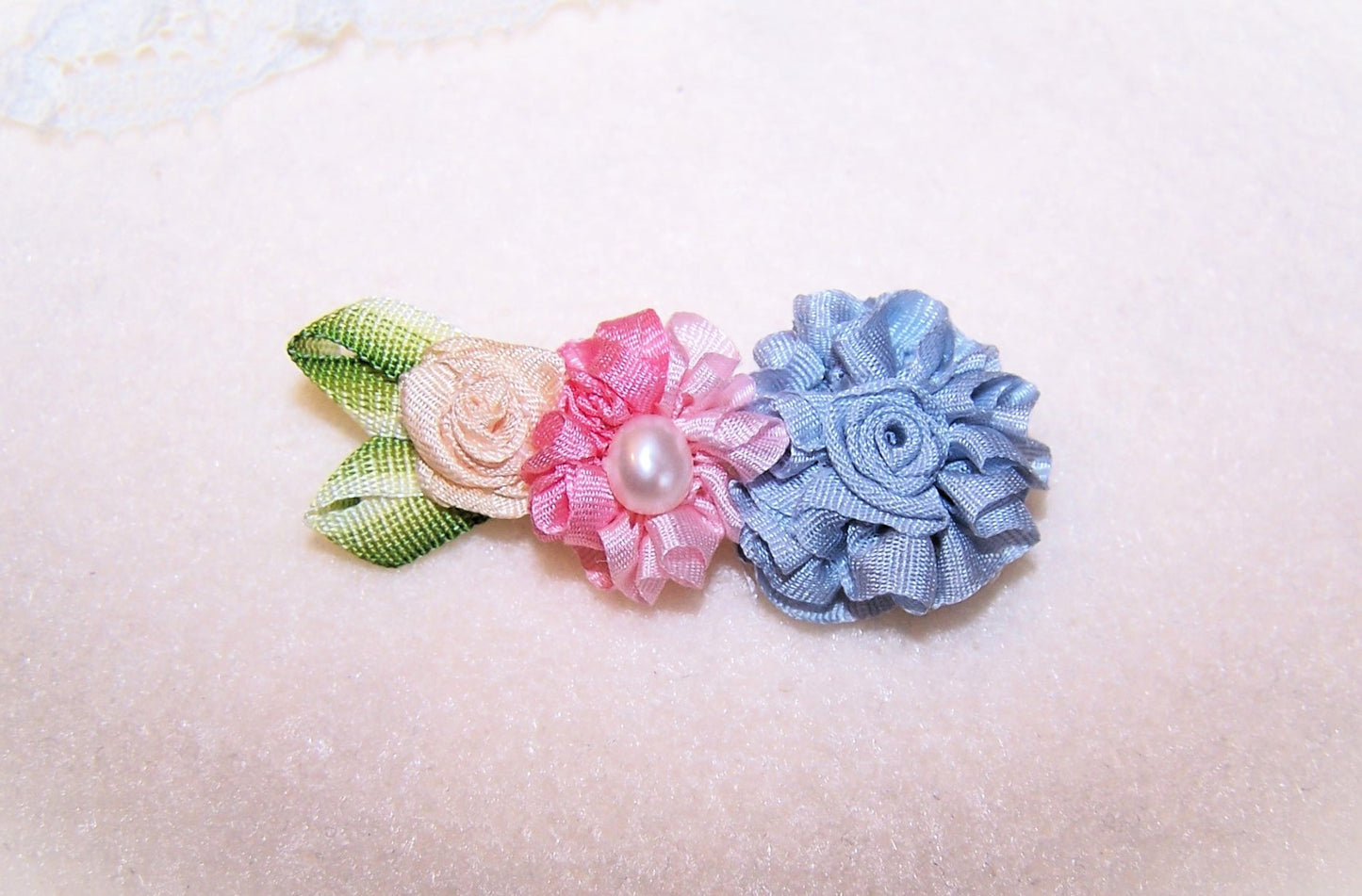 French Revival Silk Ribbonwork Applique - Pink/Blue Rose Spray