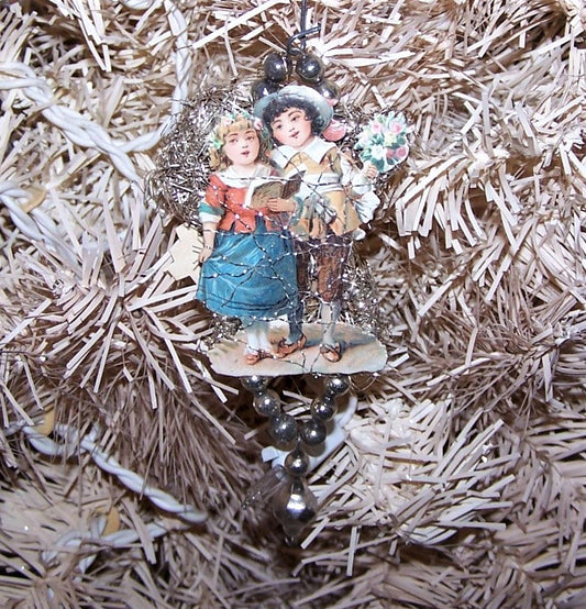 Victorian Revival Mercury Glass Bead & Tinsel Christmas Ornament - Couple Singing a Song