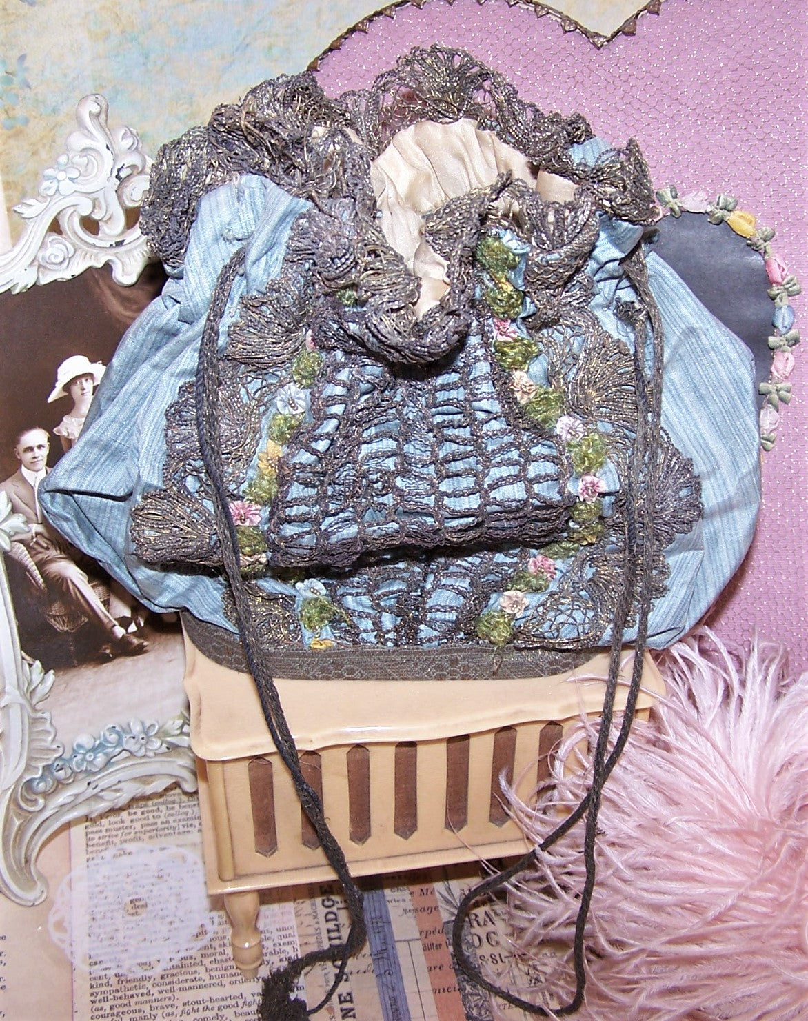 Fabric Silk Purse with Antique French Ribbonwork Trim | Mirror Base