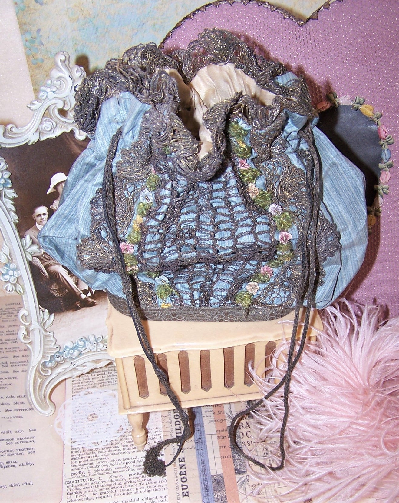 Fabric Silk Purse with Antique French Ribbonwork Trim | Mirror Base