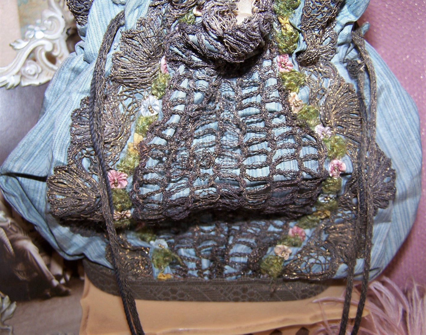 Fabric Silk Purse with Antique French Ribbonwork Trim | Mirror Base