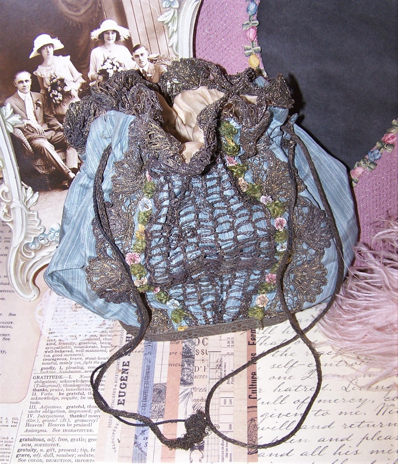 Antique French Silk Purse - French Rococo Ribbon Trim | Mirror Base