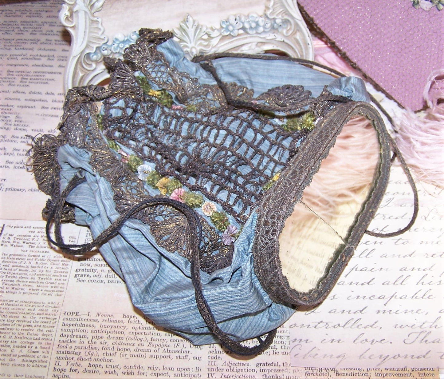 Fabric Silk Purse with Antique French Ribbonwork Trim | Mirror Base