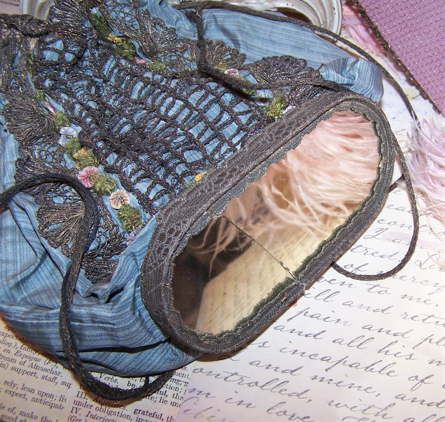 Fabric Silk Purse with Antique French Ribbonwork Trim | Mirror Base
