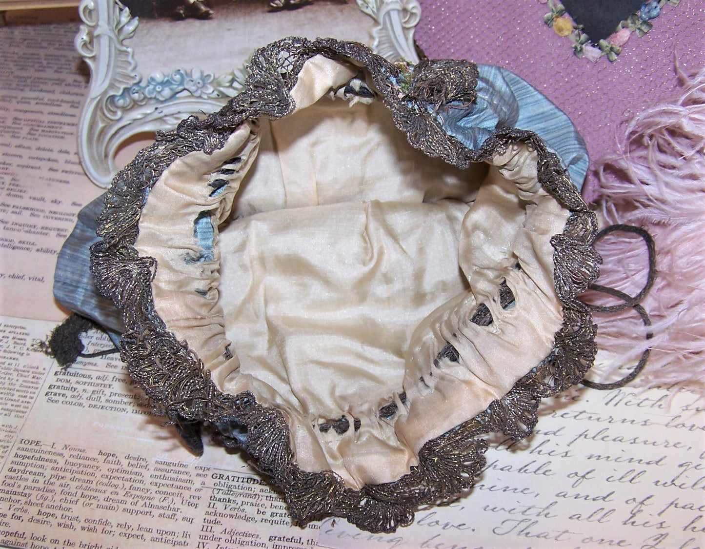Fabric Silk Purse with Antique French Ribbonwork Trim | Mirror Base