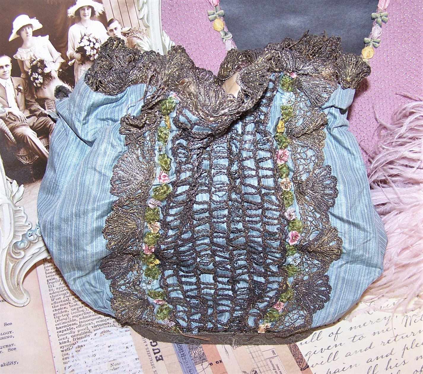 Fabric Silk Purse with Antique French Ribbonwork Trim | Mirror Base
