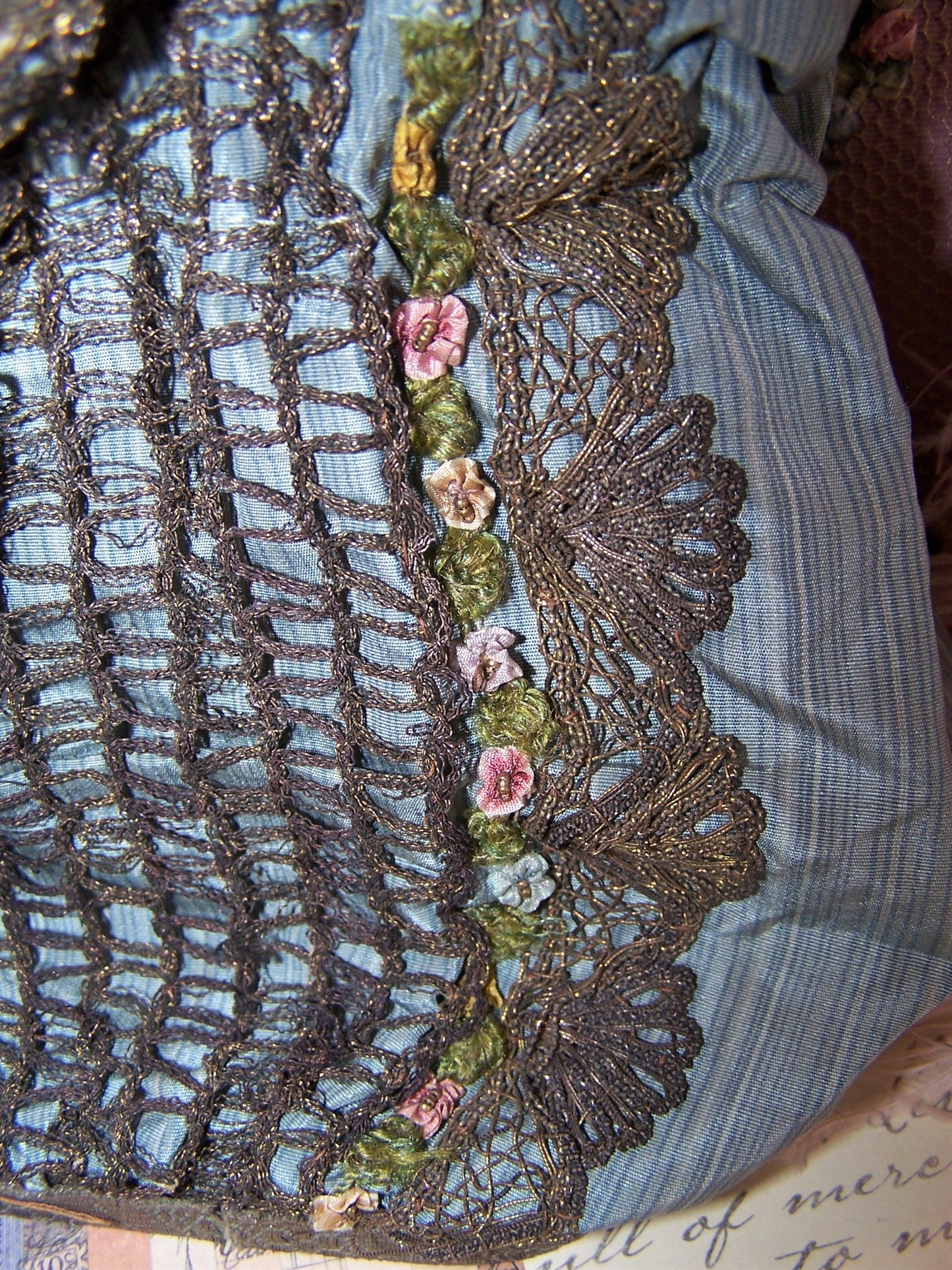 Fabric Silk Purse with Antique French Ribbonwork Trim | Mirror Base