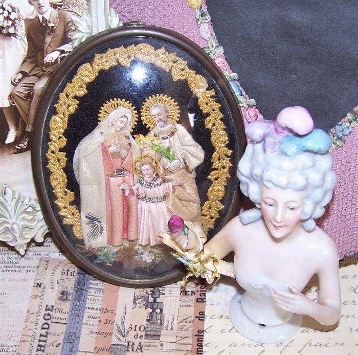 Antique French Religious Reliquary - Holy Family under Glass