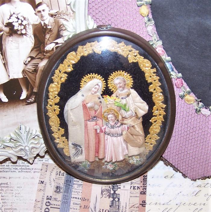 Antique French Religious Reliquary - Holy Family under Glass