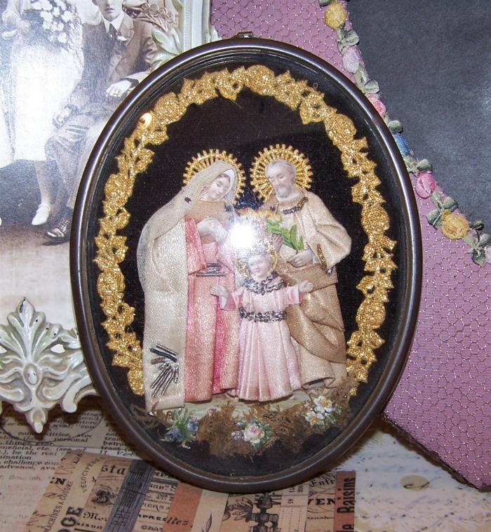 Antique French Religious Reliquary - Holy Family under Glass