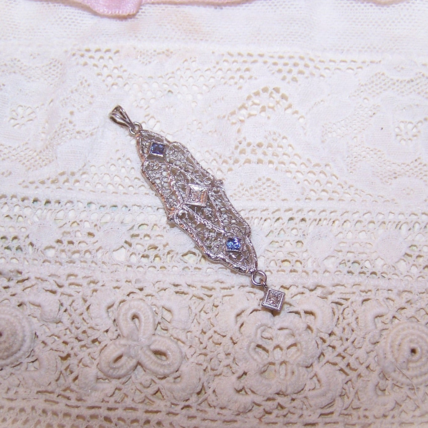 Antique Art Deco 14K Gold Diamond Zircon/Sapphire Lavaliere Pendant