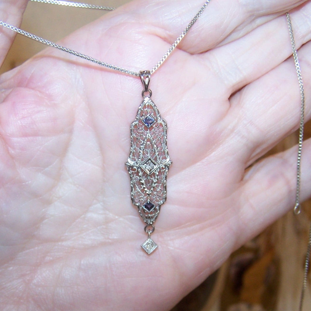 Antique Art Deco 14K Gold Diamond Zircon/Sapphire Lavaliere Pendant