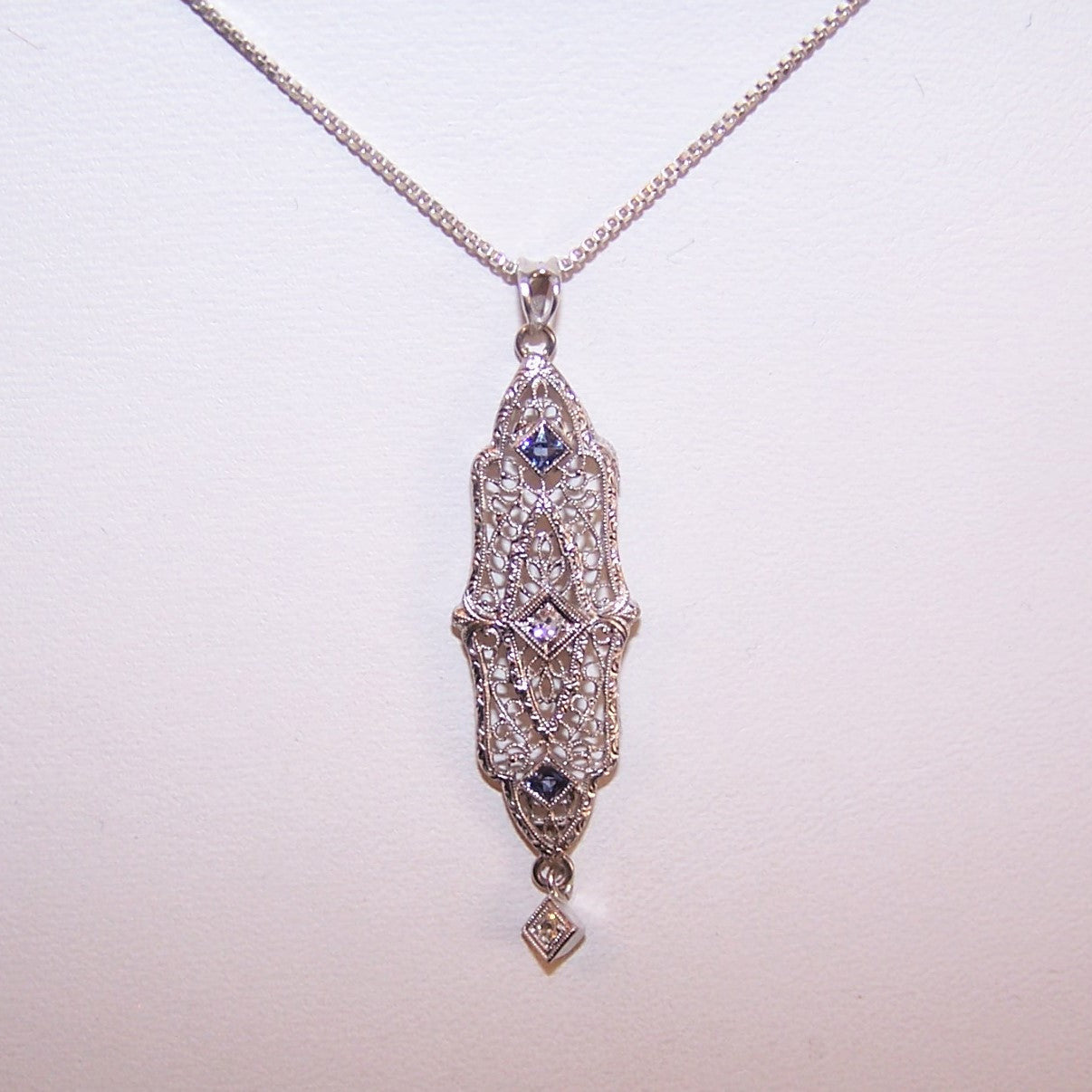 Antique Art Deco 14K Gold Diamond Zircon/Sapphire Lavaliere Pendant