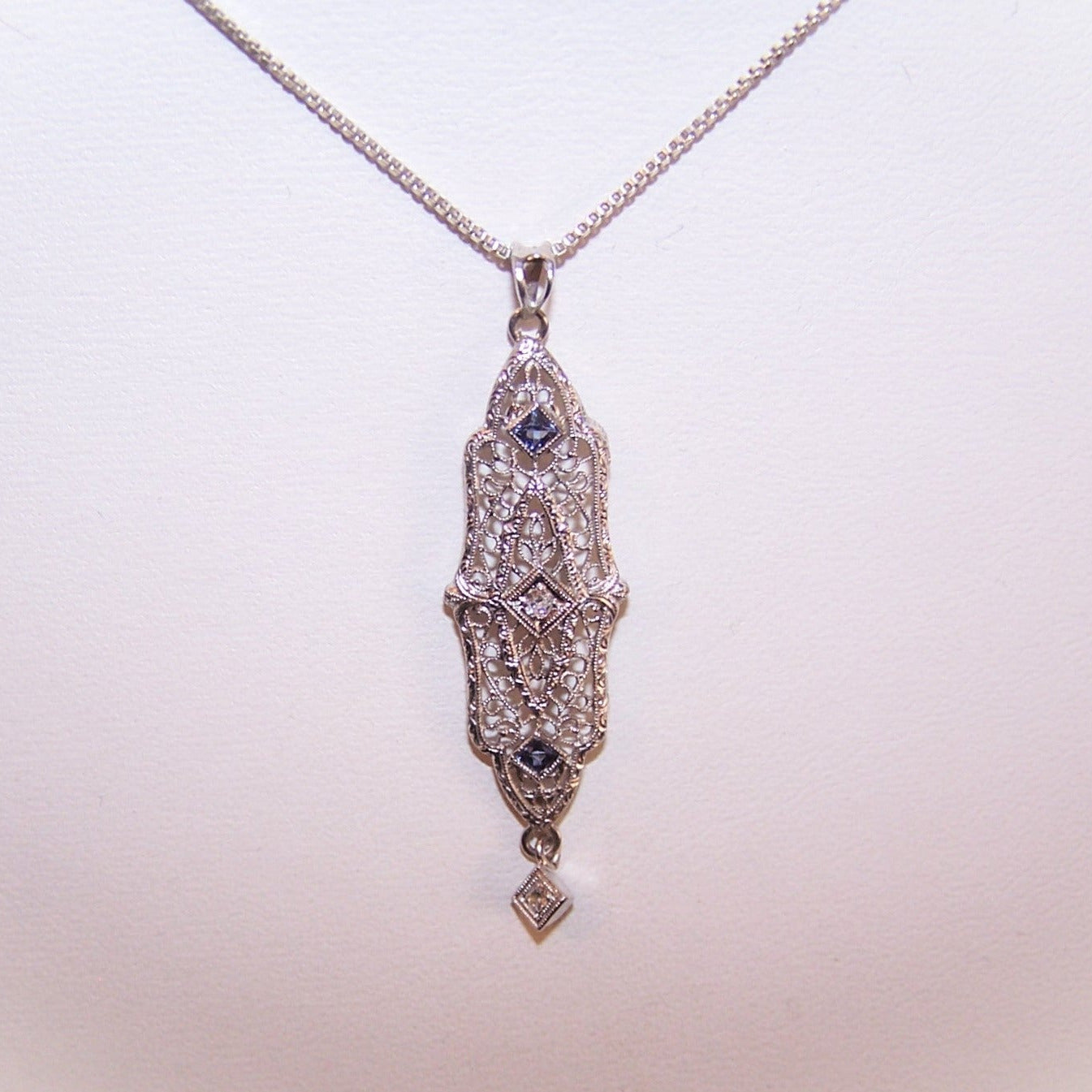 Antique Art Deco 14K Gold Diamond Zircon/Sapphire Lavaliere Pendant