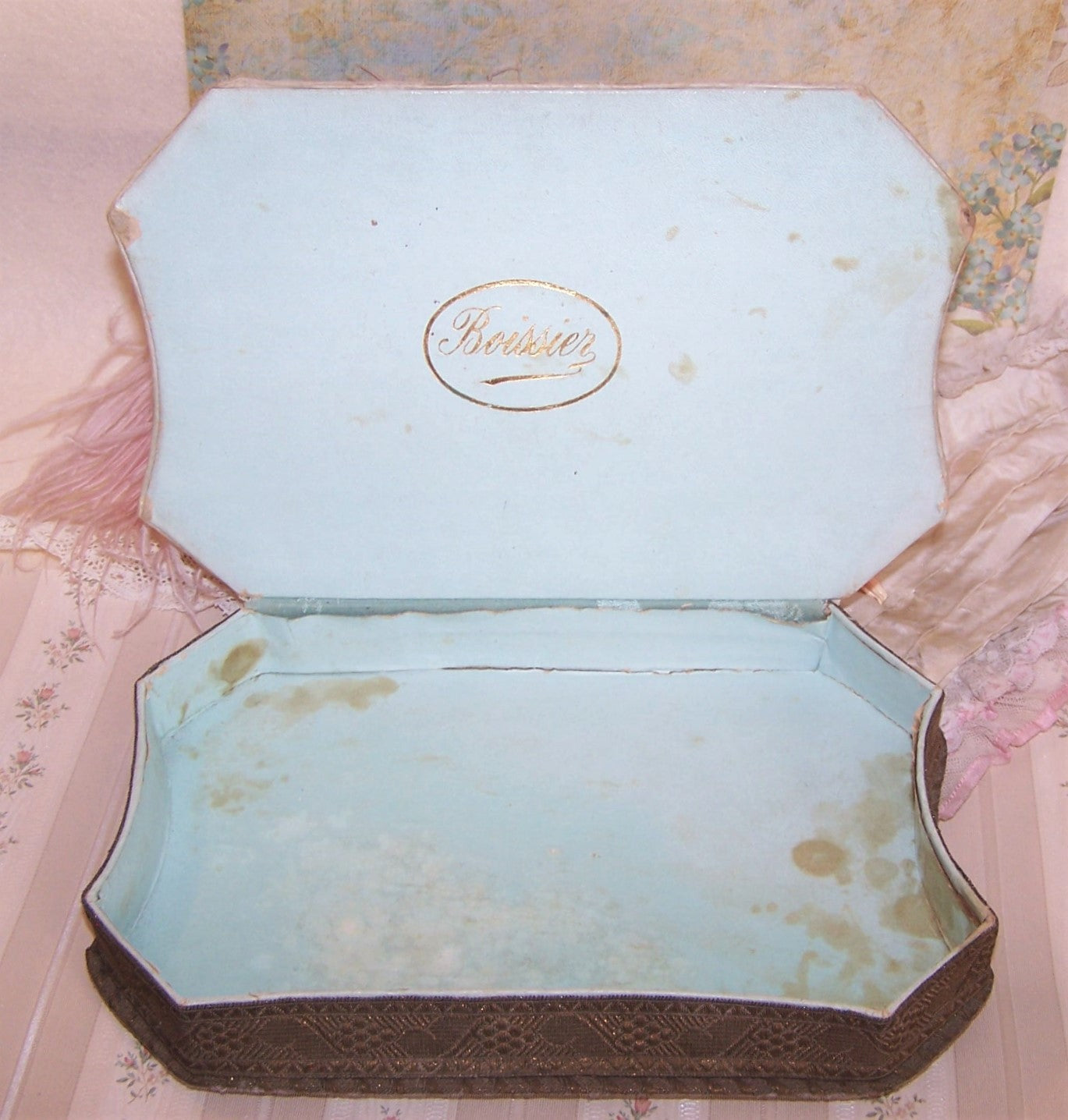 Antique French Candy Box - Handpainted Pierrot and Rococo Ribbon Roses Trim