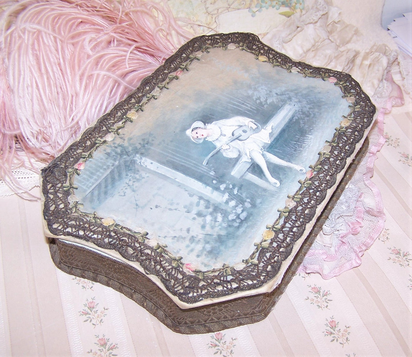 Antique French Candy Box - Handpainted Pierrot and Rococo Ribbon Roses Trim