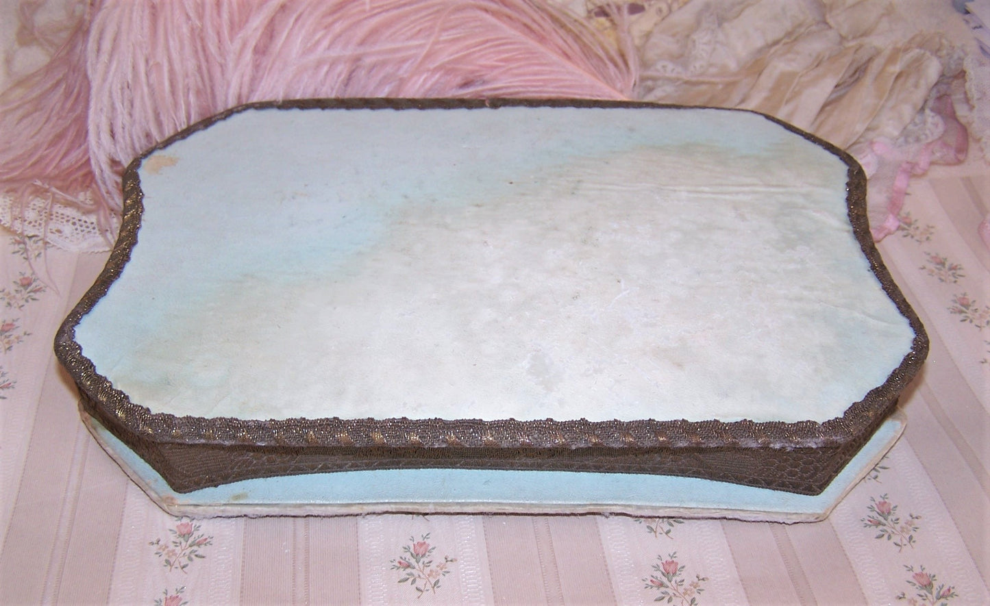 Antique French Candy Box - Handpainted Pierrot and Rococo Ribbon Roses Trim