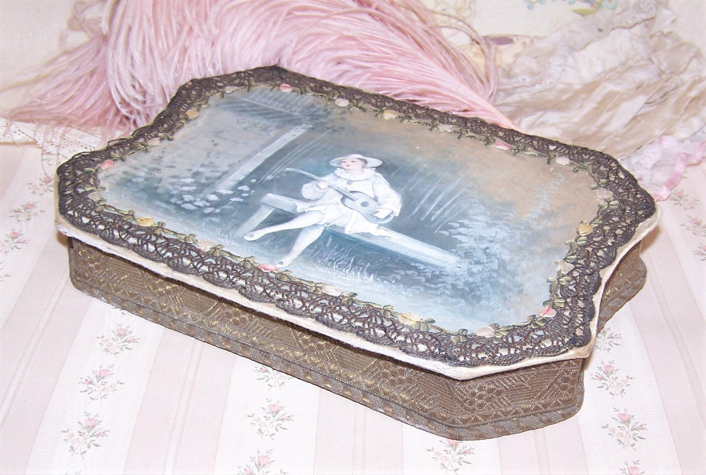Antique French Candy Box - Handpainted Pierrot and Rococo Ribbon Roses Trim