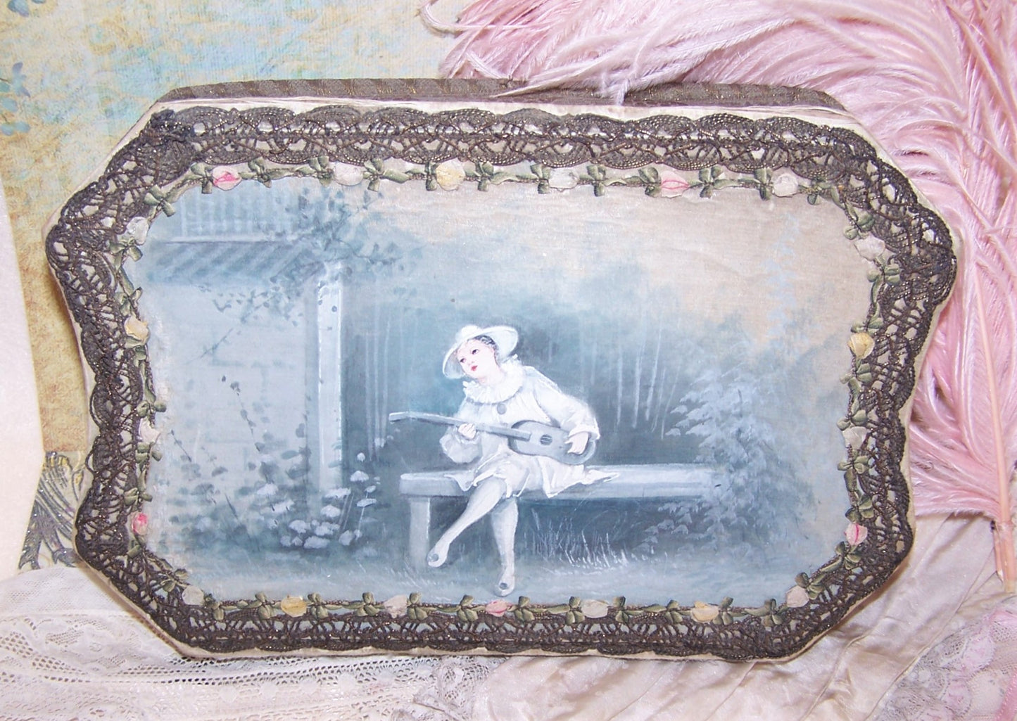 Antique French Candy Box - Handpainted Pierrot and Rococo Ribbon Roses Trim