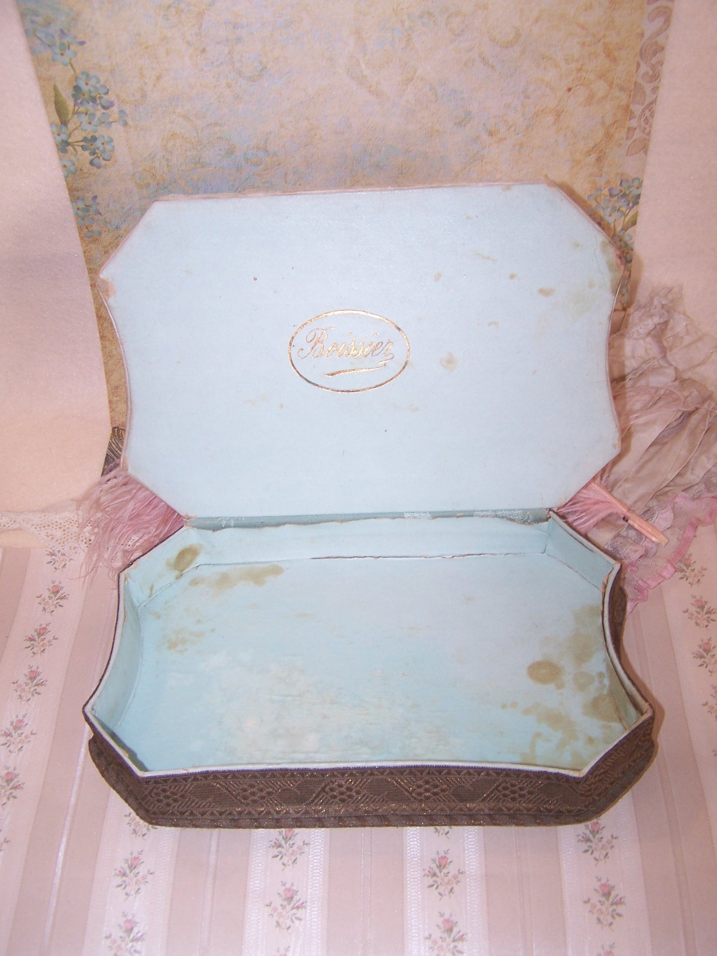 Antique French Candy Box - Handpainted Pierrot and Rococo Ribbon Roses Trim