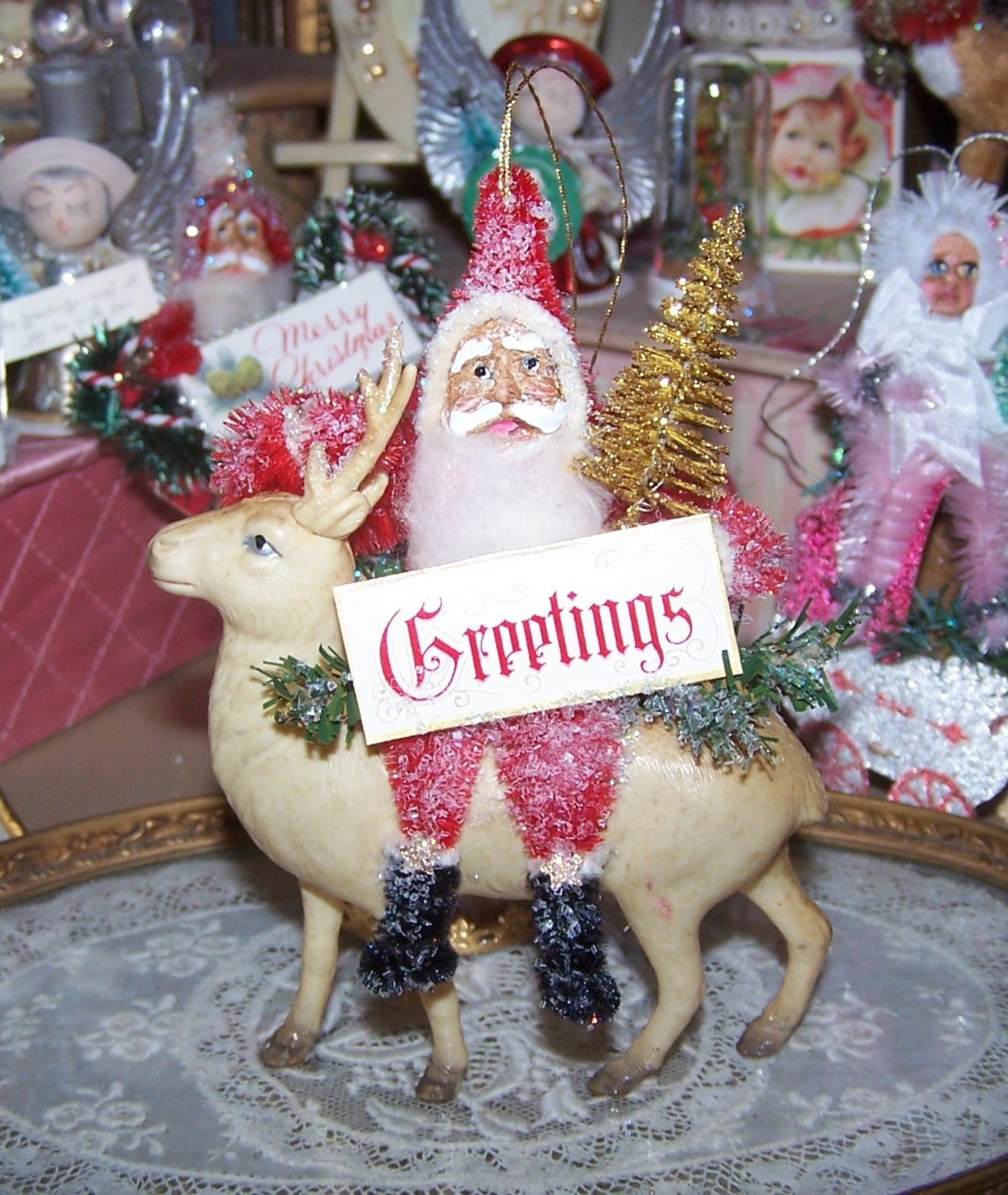 Chenille Santa Claus Christmas Ornament with Art Deco Celluloid Reindeer