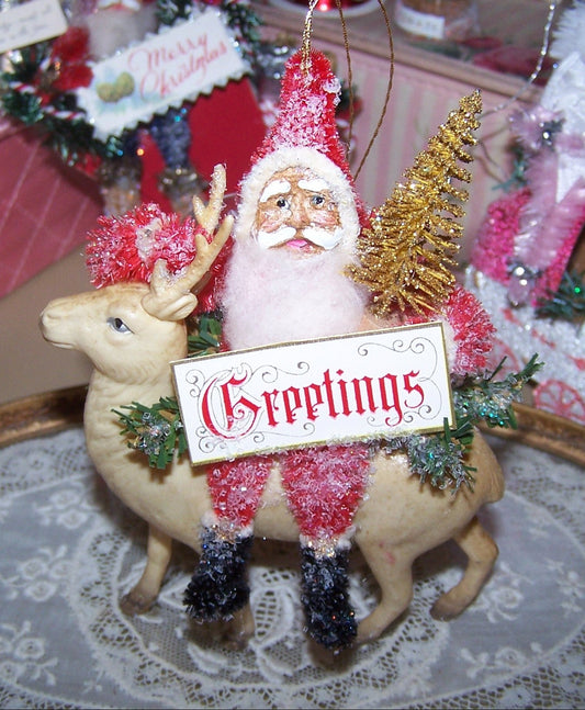 Chenille Santa Claus Christmas Ornament with Art Deco Celluloid Reindeer