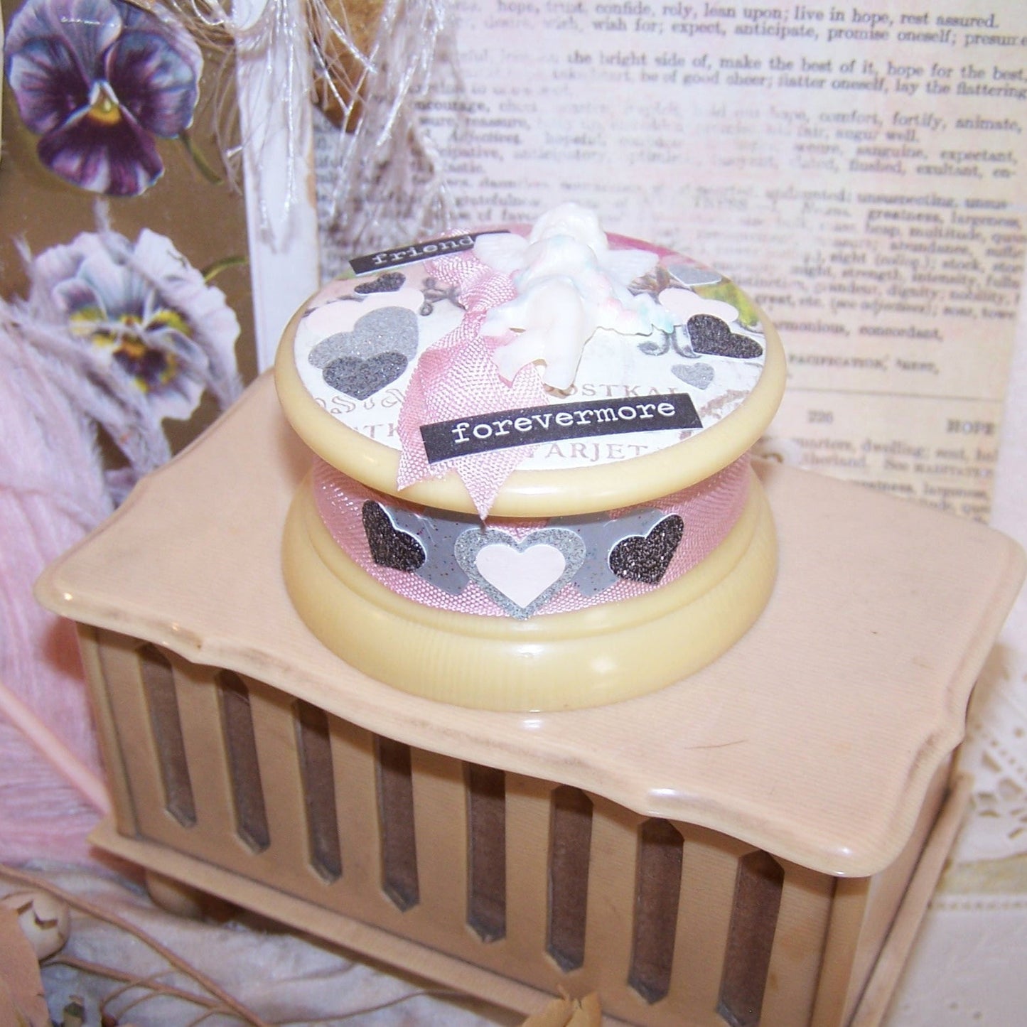 Repurposed Art Deco Celluloid Lidded Powder Box - Friends Forevermore