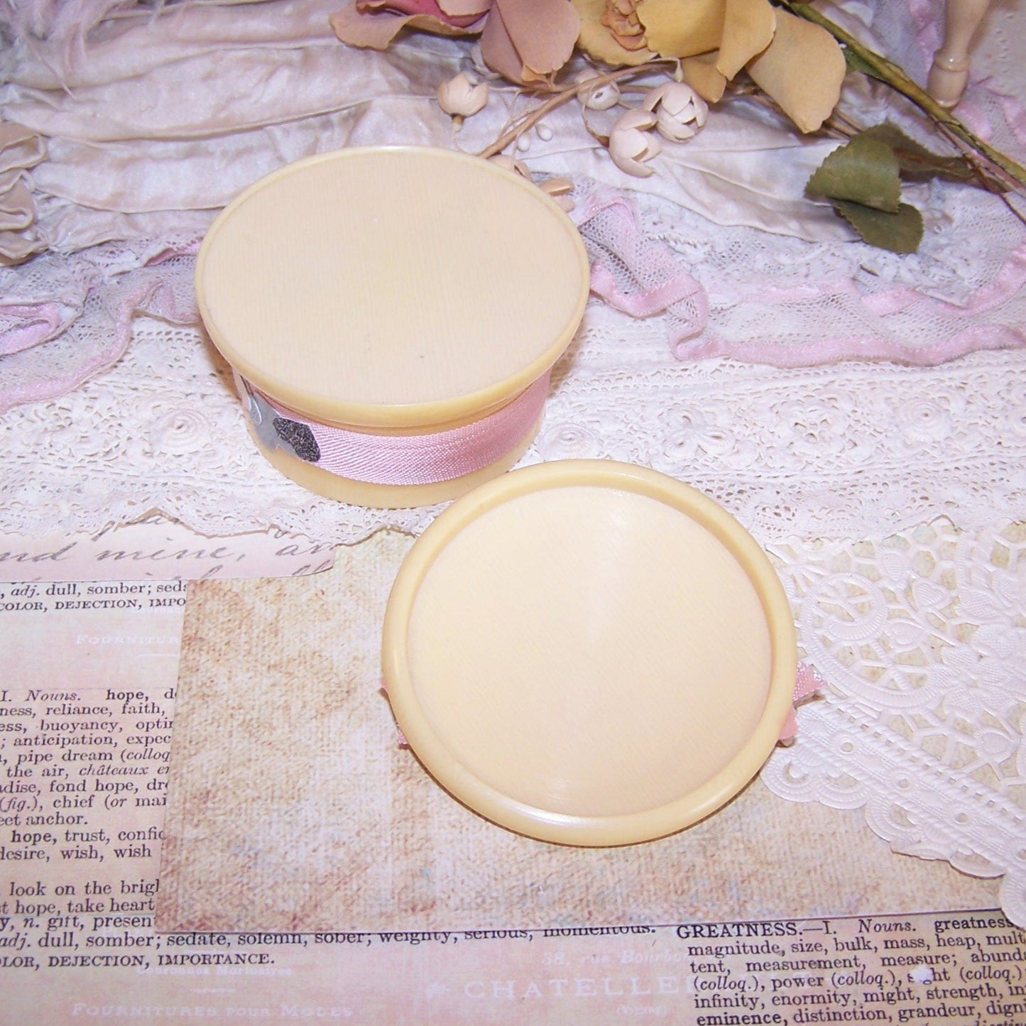Repurposed Art Deco Celluloid Lidded Powder Box - Friends Forevermore