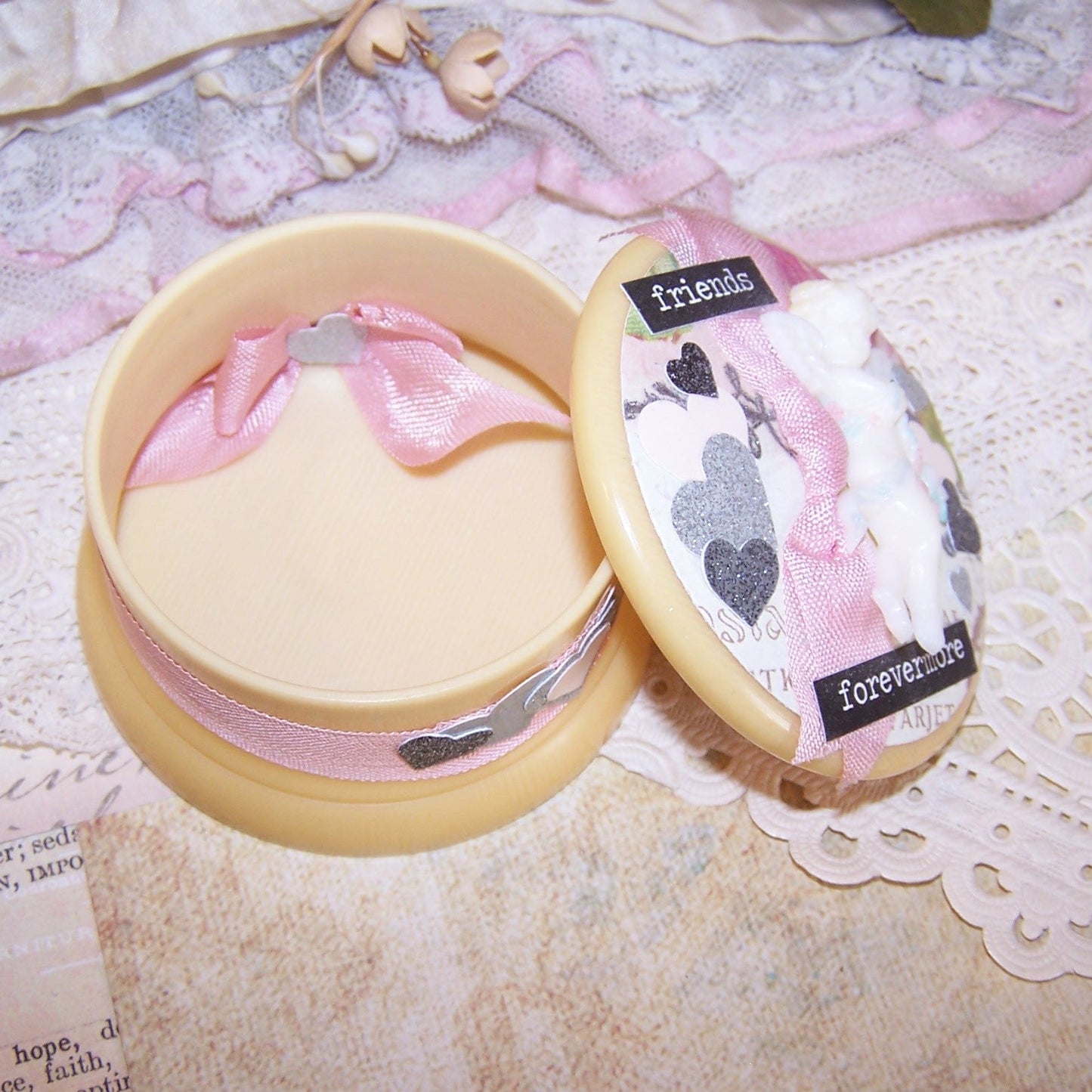 Repurposed Art Deco Celluloid Lidded Powder Box - Friends Forevermore