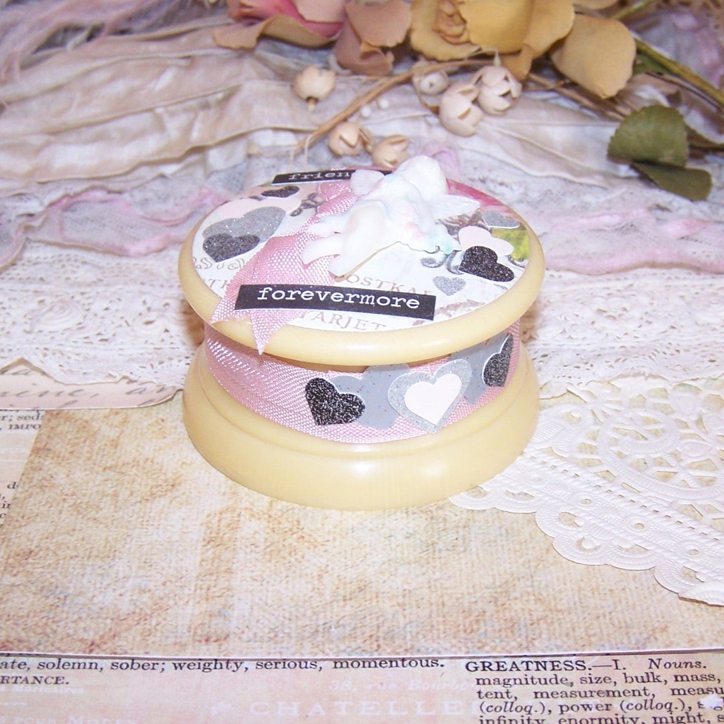 Repurposed Art Deco Celluloid Lidded Powder Box - Friends Forevermore