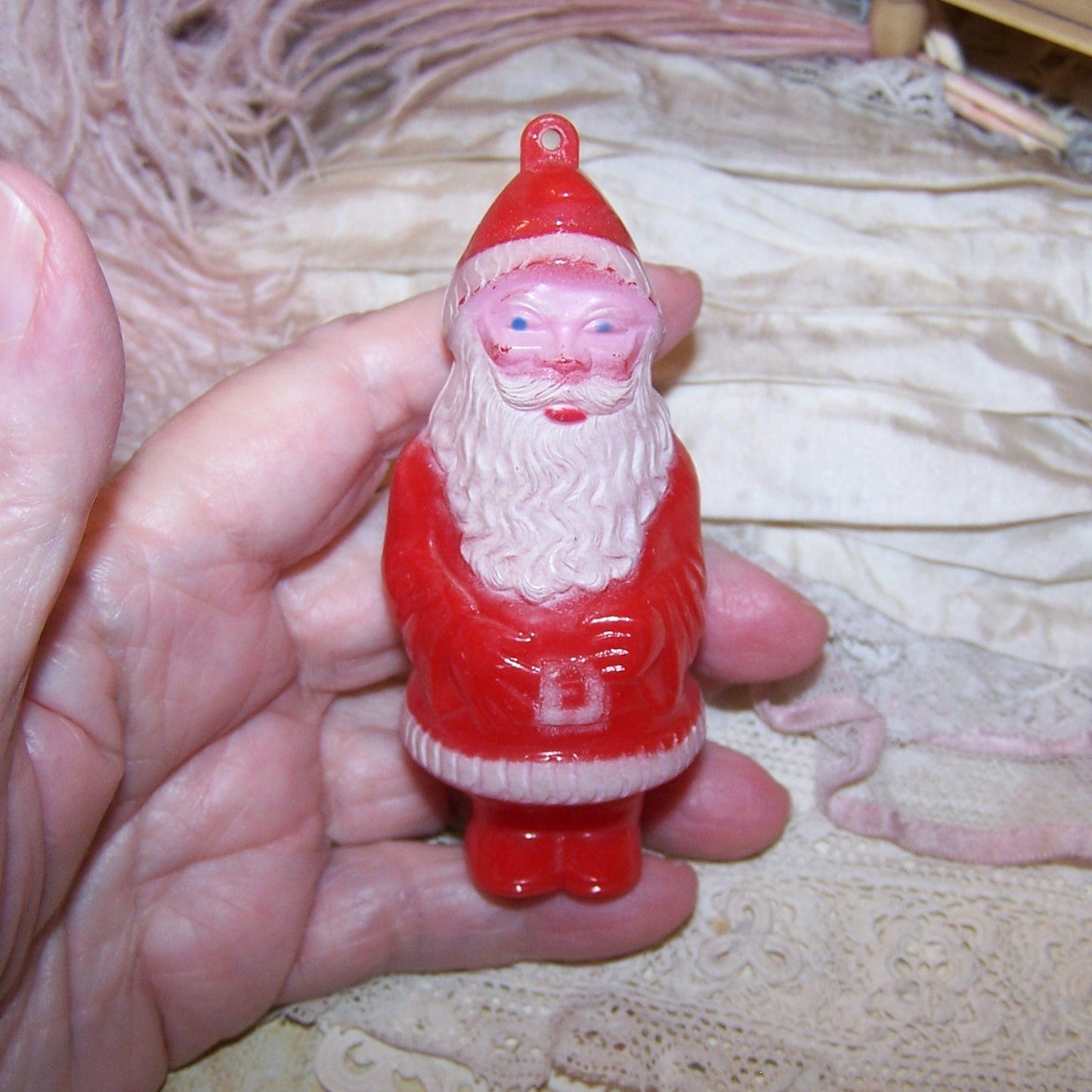 Vintage Red/White Hard Plastic Santa Claus Christmas Ornament
