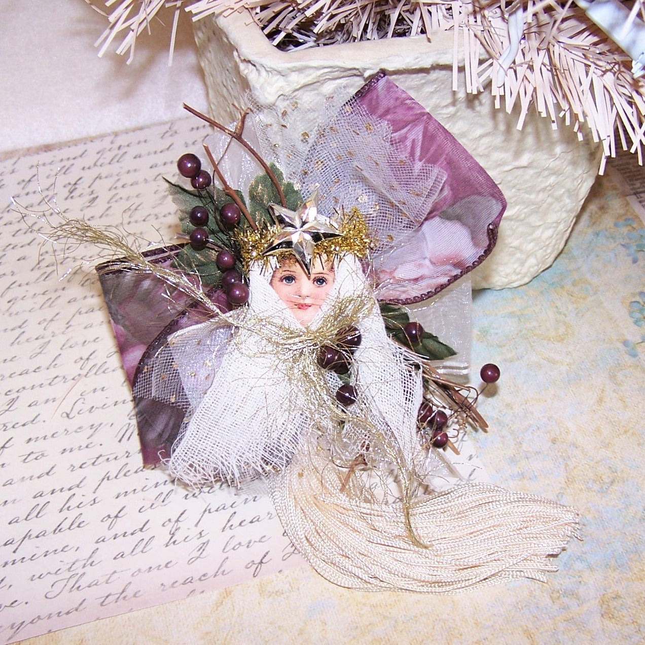 Victorian Revival Mixed Media Tassel Ornament - Burgundy Angel