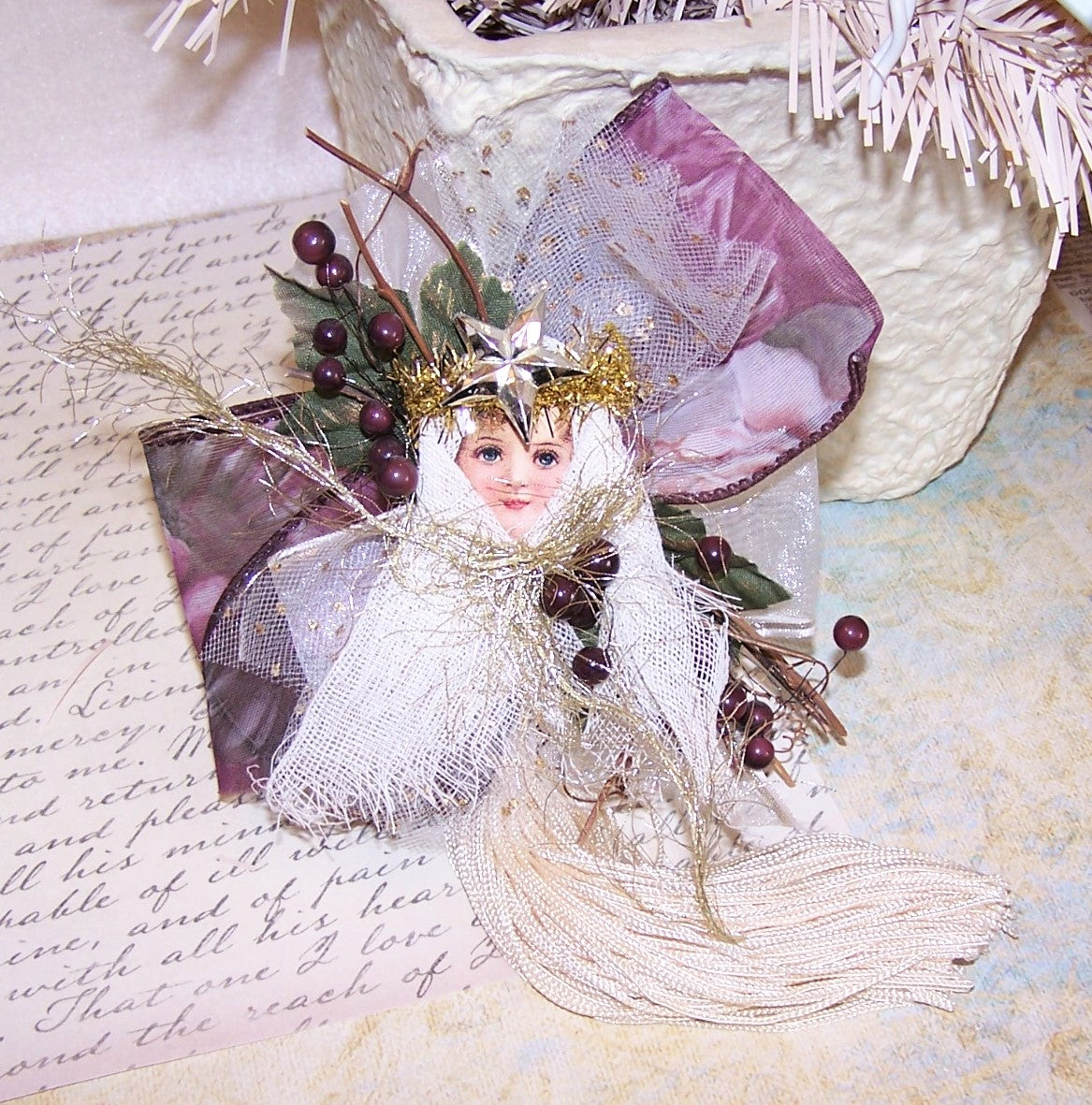 Victorian Revival Mixed Media Tassel Ornament - Burgundy Angel