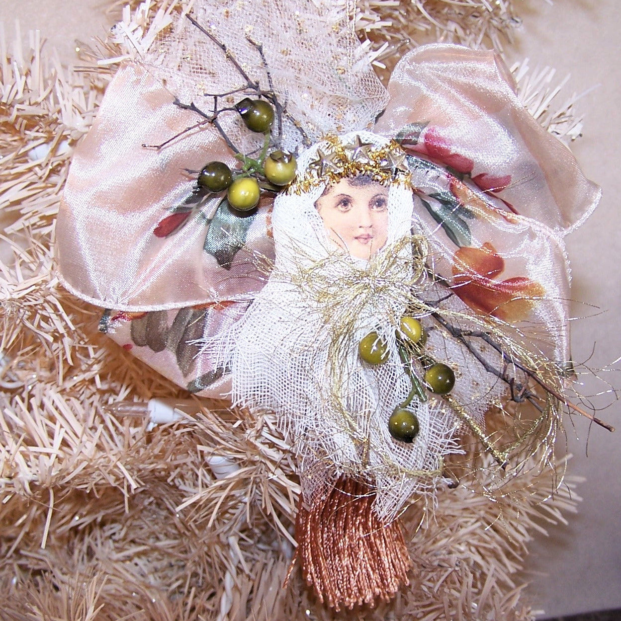 For any occasion!  Measuring 7-1/4" long x 5-1/2" wide, my Guardian Angel is made of mixed materials in colors of cream, olive green, gold & rust brown.  OOAK!