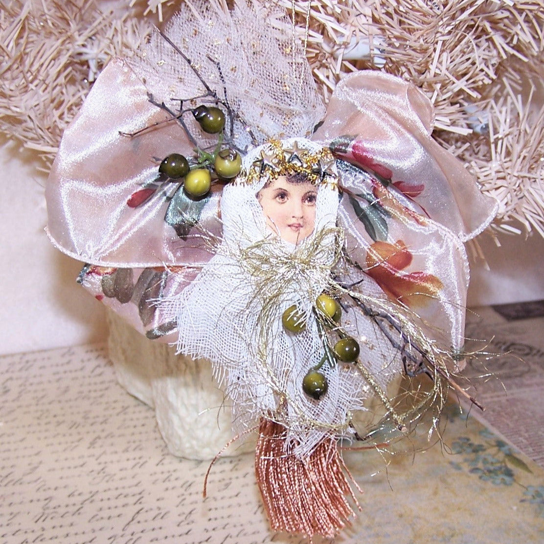 Victorian Revival Mixed Media Tassel Ornament - Fall Colors Angel
