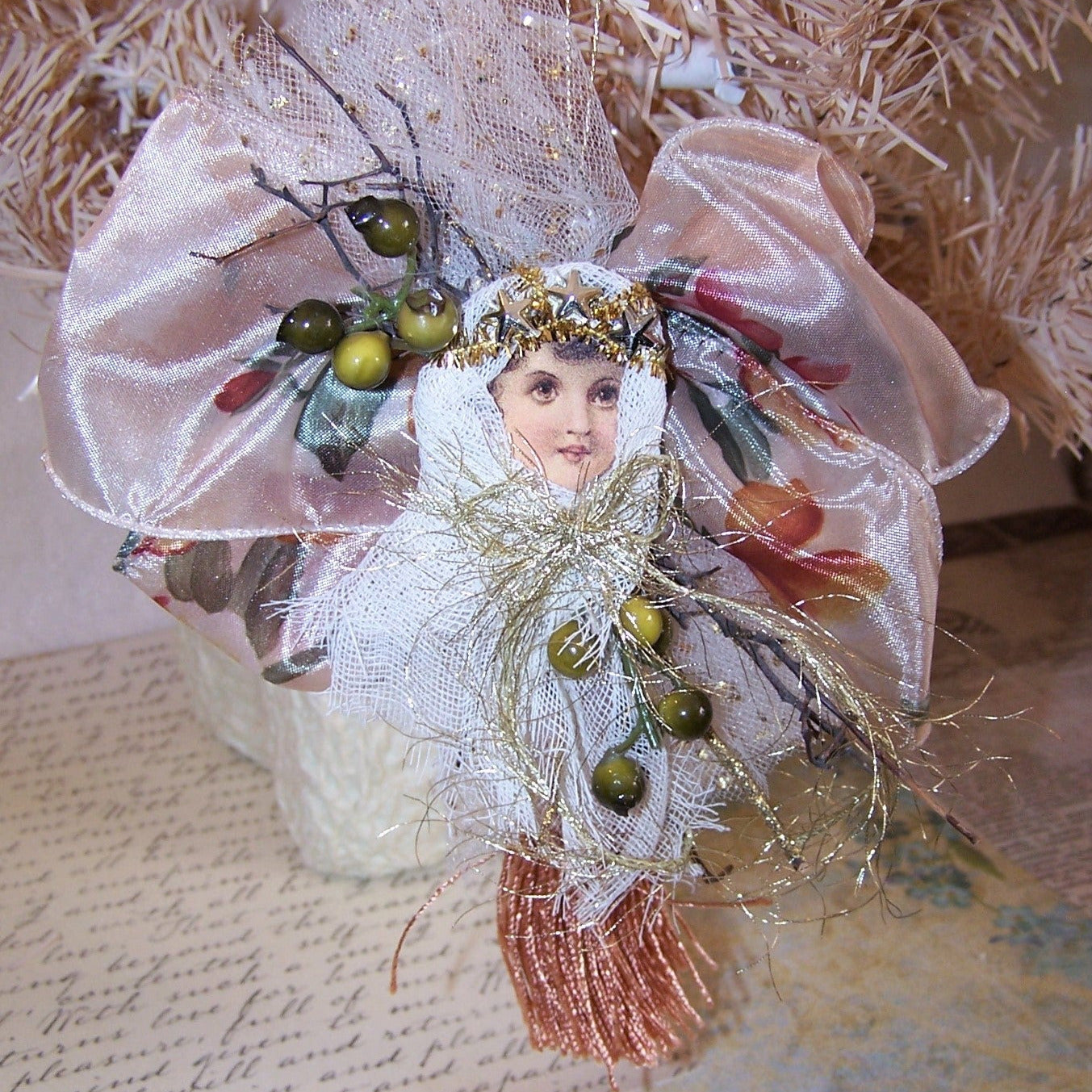 Victorian Revival Mixed Media Tassel Ornament - Fall Colors Angel