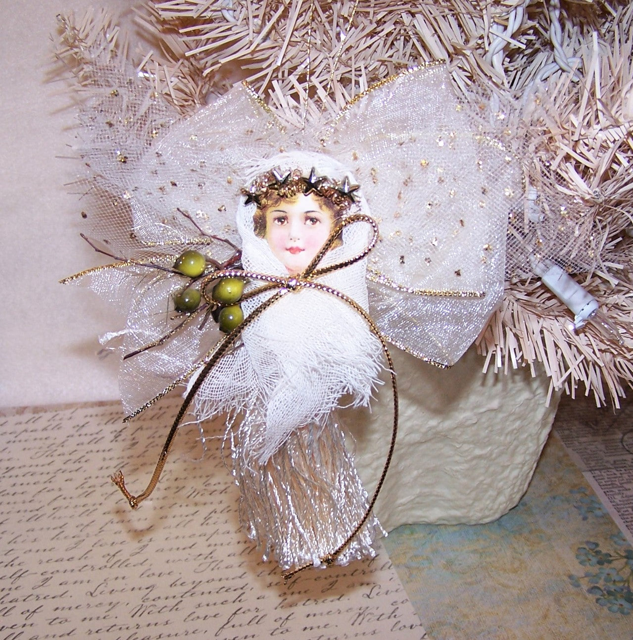 Victorian Revival Mixed Media Tassel Ornament - Gold Angel