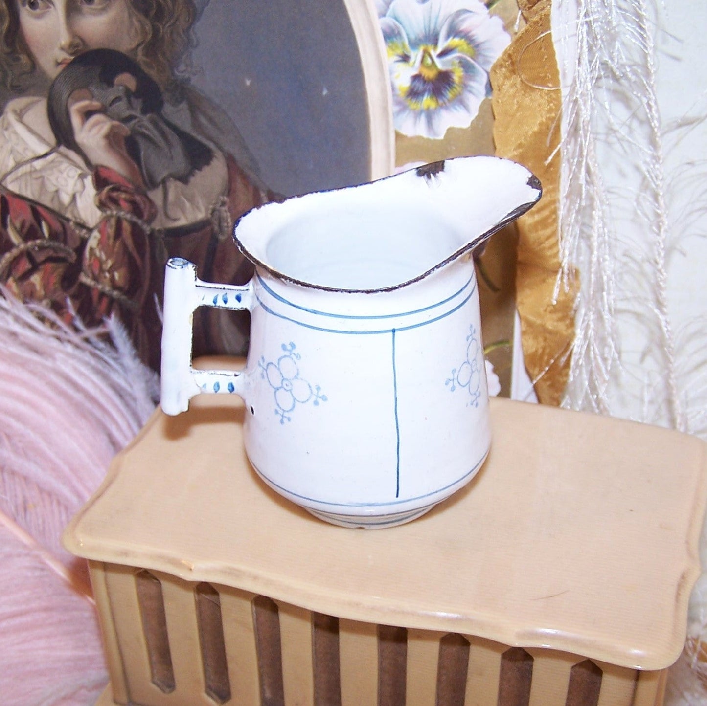 Child Sized Enamelware Water Pitcher from Tea Set - White & Blue