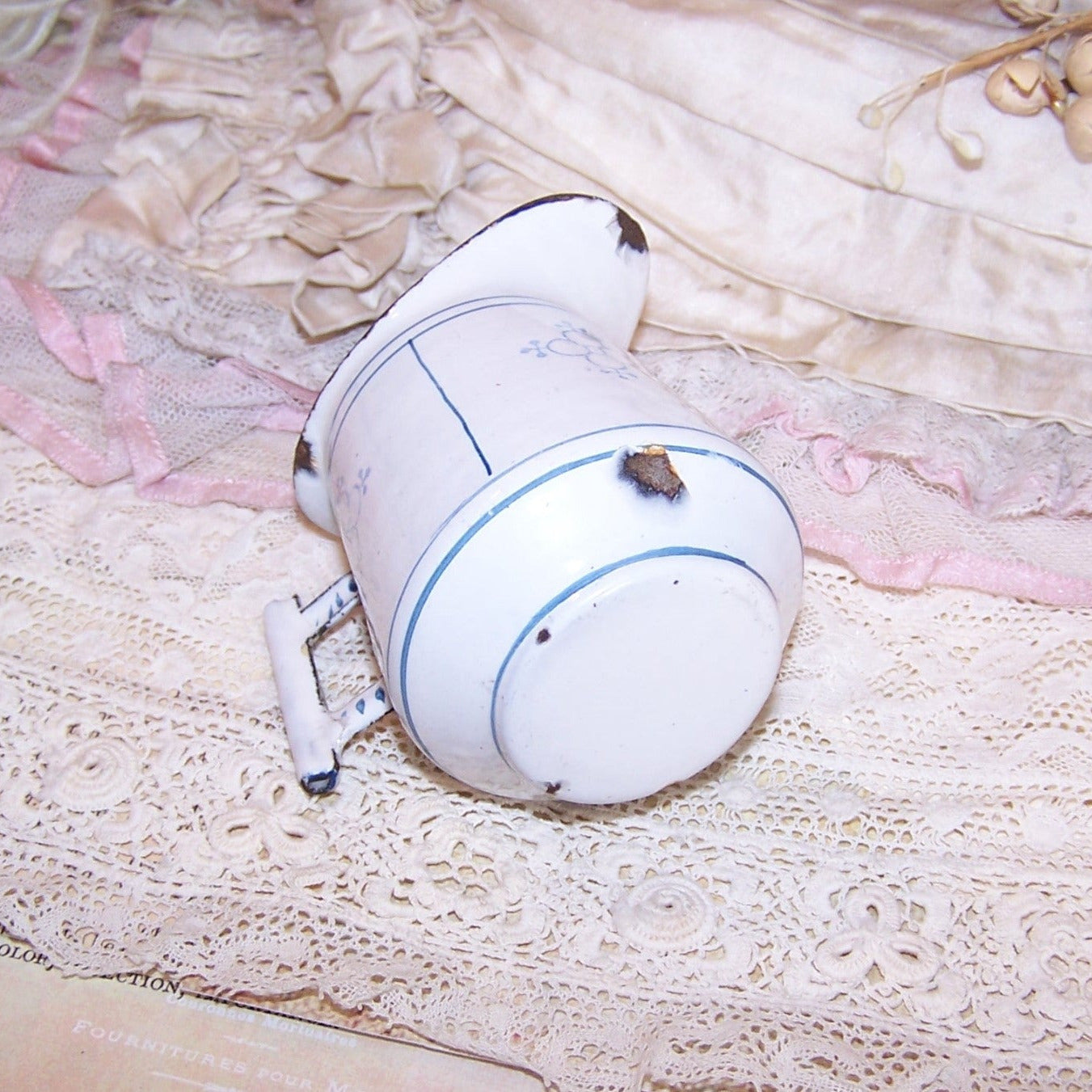 Child Sized Enamelware Water Pitcher from Tea Set - White & Blue