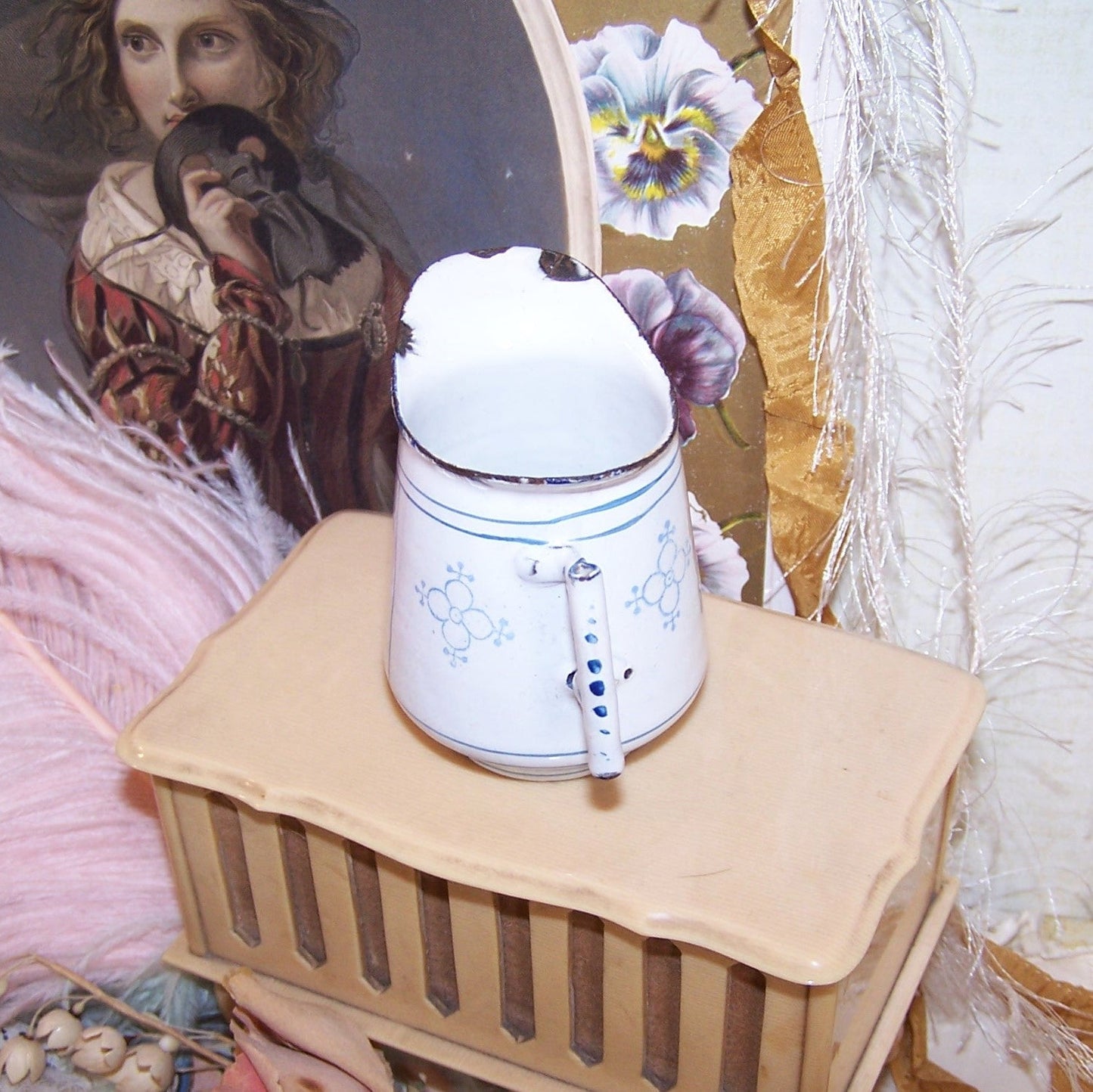 Child Sized Enamelware Water Pitcher from Tea Set - White & Blue